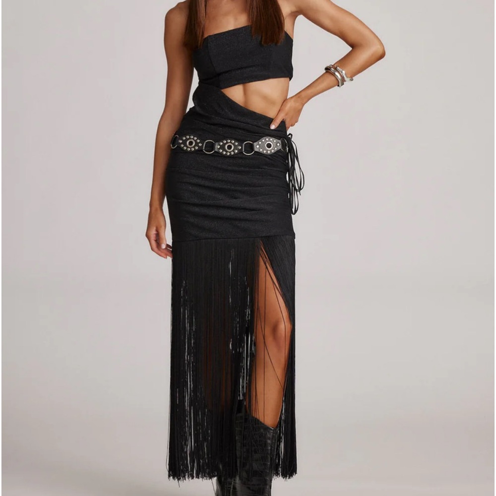 12th Tribe Cara Black Strapless Fringe Maxi Dress X Small